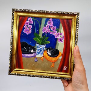 Funny sleeping  tuxedo cats painting Framed hand-painted cats and pink orchid by Julia Kot