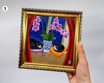 Funny sleeping  tuxedo cats painting Framed hand-painted cats and pink orchid by Julia Kot
