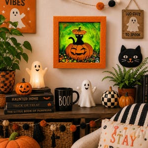 Black Cat Halloween-schilderij, pompoenmuurkunst, leuk griezelig decor, grillig herfstcadeau voor Halloween afbeelding 7