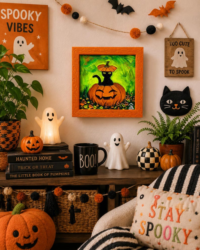 Black Cat Halloween-schilderij, pompoenmuurkunst, leuk griezelig decor, grillig herfstcadeau voor Halloween afbeelding 7