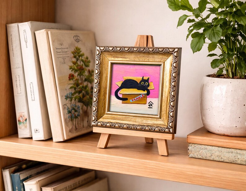 Black Cat Painting, Dopamine Decor, Quirky Kitten in Box, Cat Lover Gift image 13