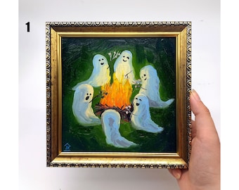 Hand-Painted Halloween Ghosts Art: Spirits by the Fire, Framed Decor