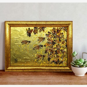 Honeybees painting Framed hand-painted bee swarm on golden background wall decor by Julia Kot