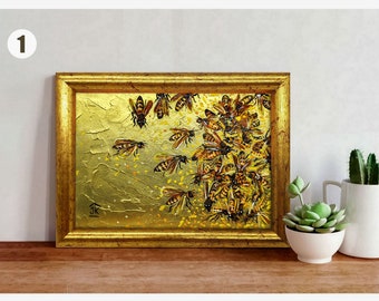 Honeybees painting Framed hand-painted bee swarm on golden background wall decor by Julia Kot