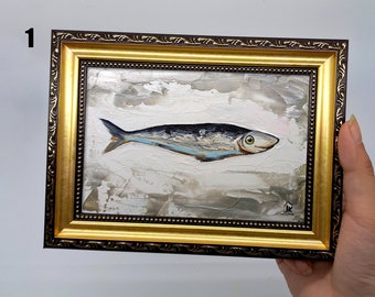 Sardineschilderij Ingelijste handgeschilderde vis met zilveren olieverf muurkunst, 4 x 6 inch