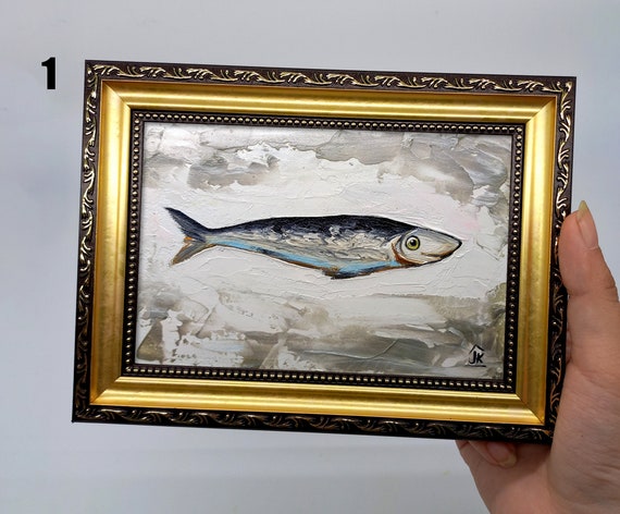 Sardine painting Framed hand-painted fish with silver oil paints wall art  4 by 6