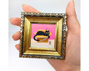 Black cat tiny painting Framed hand-painted funny kitten in the box artwork by Julia Kot
