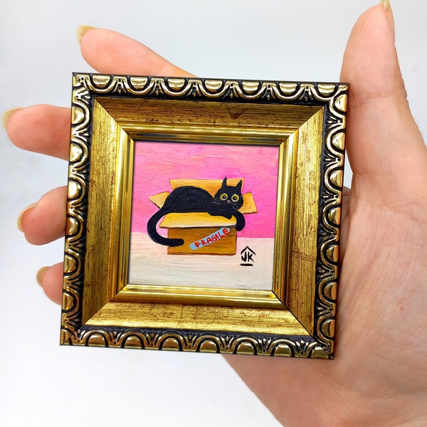 Black cat tiny painting Framed hand-painted funny kitten in the box artwork by Julia Kot