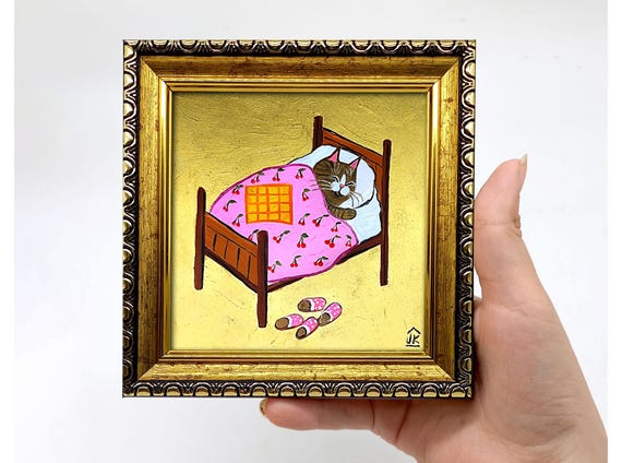 Framed Tabby Cat Painting: Sleeping Cat Art, Cozy Bedroom Decor