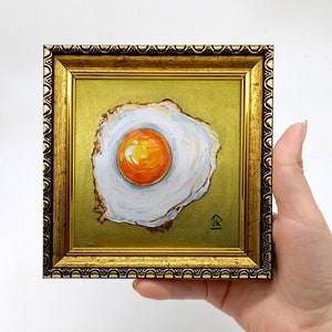 Fried egg painting Framed hand-painted kitchen wall decor Food wall art Breakfast still life miniature with gold leaf by Julia Kot