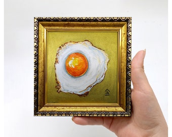 Fried egg painting Framed hand-painted kitchen wall decor Food wall art Breakfast still life miniature with gold leaf by Julia Kot