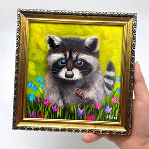 Raccoon painting Framed hand-painted cute baby raccoon in flowers wall art decor by Julia Kot