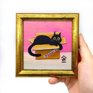 Black Cat Painting, Dopamine Decor, Quirky Kitten in Box, Cat Lover Gift image 16