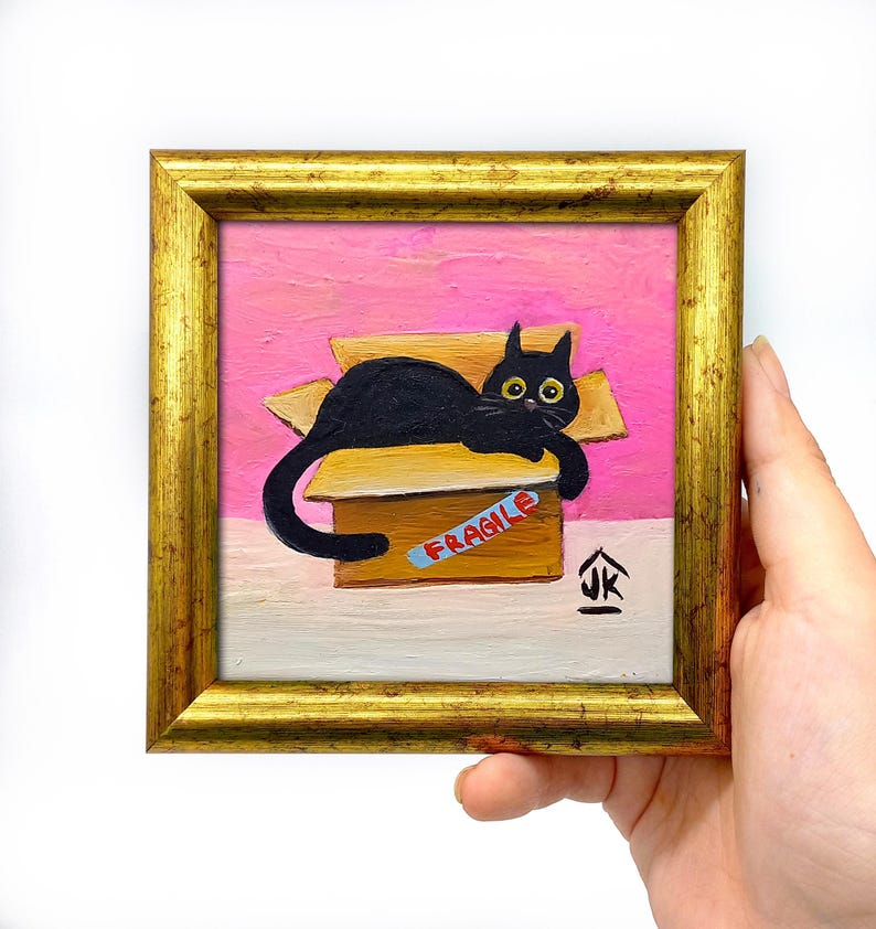 Black Cat Painting, Dopamine Decor, Quirky Kitten in Box, Cat Lover Gift image 16