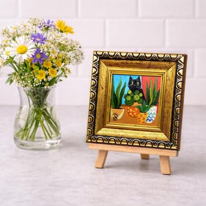 Black Cat Painting, Colorful Plant Decor, Original Whimsical Art, Cat Lover Gift zdjęcie 9