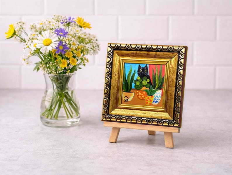 Black Cat Painting, Colorful Plant Decor, Original Whimsical Art, Cat Lover Gift zdjęcie 9
