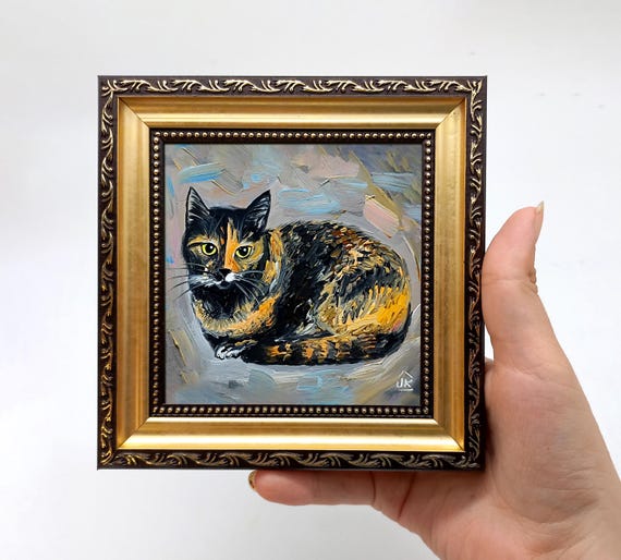 Tortoiseshell cat oil painting, Miniature in Frame Tortie mini wall art