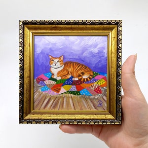 Framed Ginger Cat Oil Painting: Hand-Painted Sleeping Kitten Art