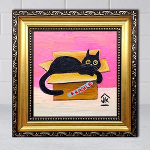 Black Cat Painting, Dopamine Decor, Quirky Kitten in Box, Cat Lover Gift image 17