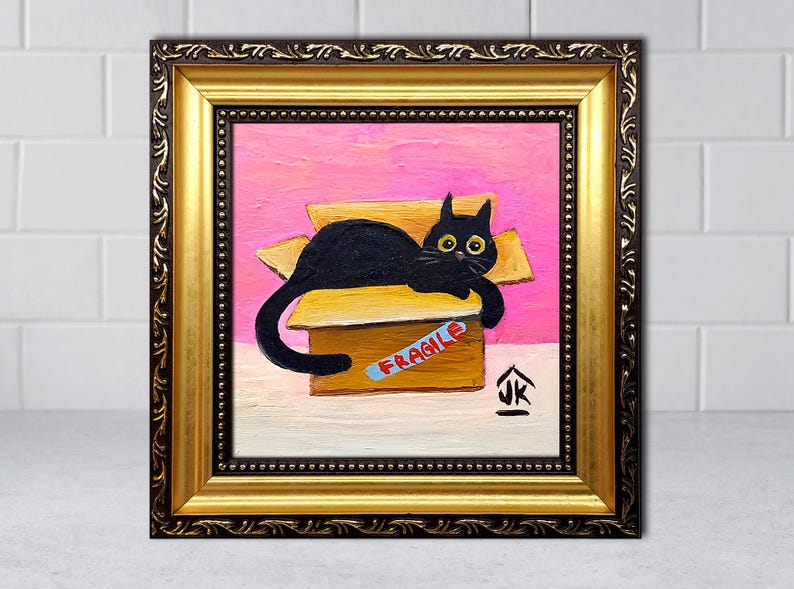 Black Cat Painting, Dopamine Decor, Quirky Kitten in Box, Cat Lover Gift image 17