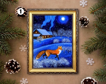 Fox painting Framed hand-painted winter night landscape Christmas wall decor by Julia Kot