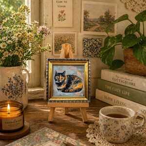 Pode incluir: Uma pequena pintura quadrada de um gato tartaruga em repouso, inserida numa moldura dourada ornamentada e exibida num cavalete de madeira em miniatura. A obra apresenta pinceladas vis&iacute;veis em tons de preto, laranja e creme sobre fundo azul.