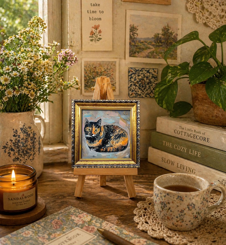 Pode incluir: Uma pequena pintura quadrada de um gato tartaruga em repouso, inserida numa moldura dourada ornamentada e exibida num cavalete de madeira em miniatura. A obra apresenta pinceladas vis&iacute;veis em tons de preto, laranja e creme sobre fundo azul.