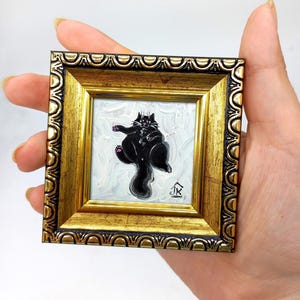 Funny Black Cat Oil Painting: Miniature Framed Art