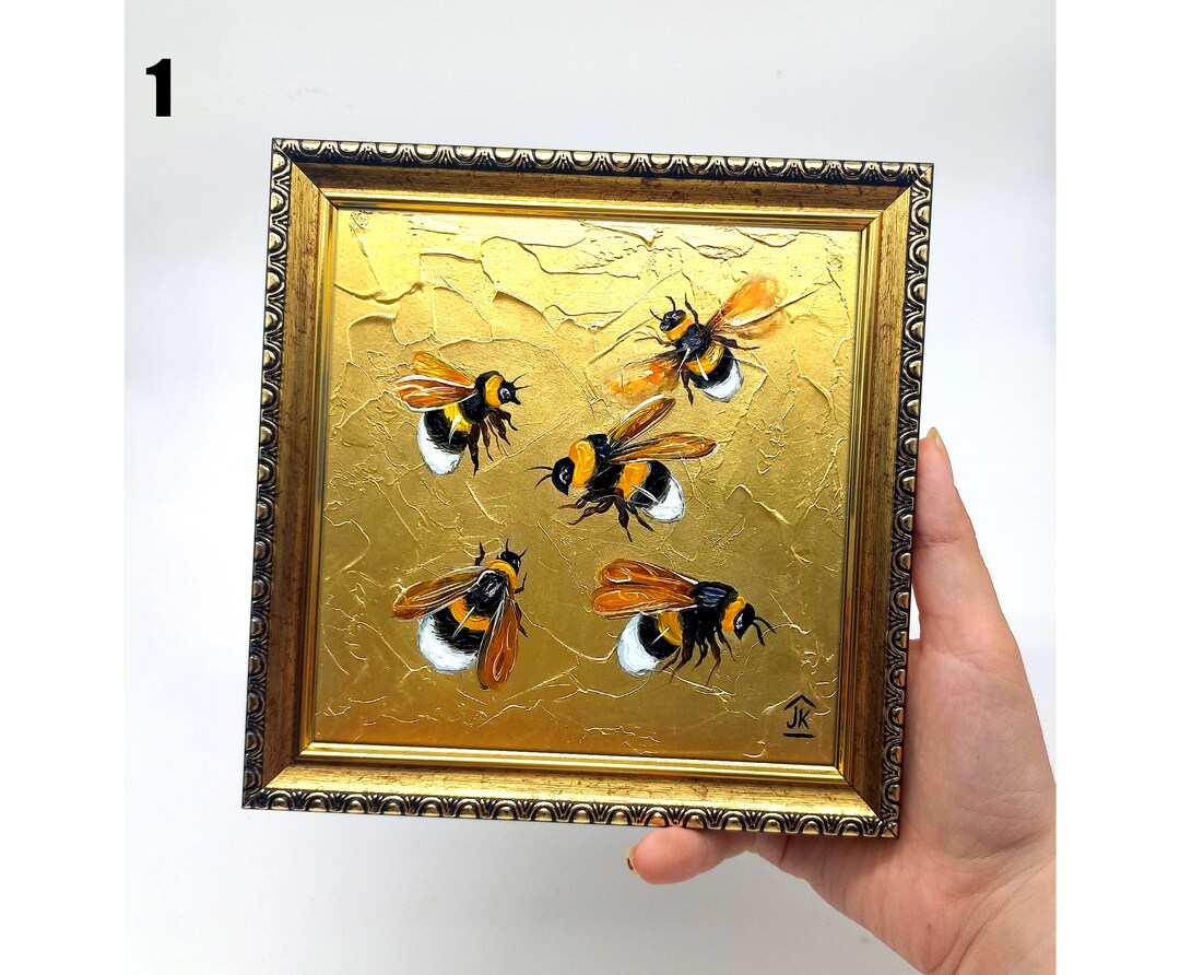 Mini Bee Painting Bumblebee Wall Art Textured Oil Painting Small Framed ...