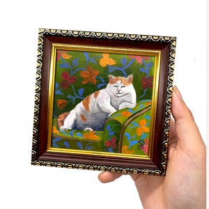 Fat white cat painting Framed hand-painted Funny miniature Sleeping cat wall decor by Julia Kot