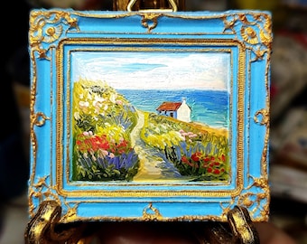 Pintura al óleo en miniatura de una casa de campo costera, pequeño paisaje marino, arte de Cornualles