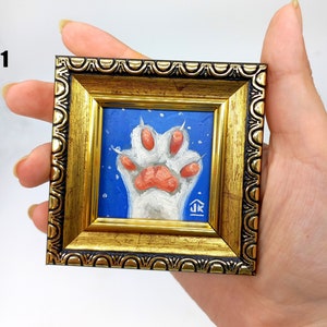 White сat paw tiny painting Framed hand-painted small art with fluffy paws by Julia Kot