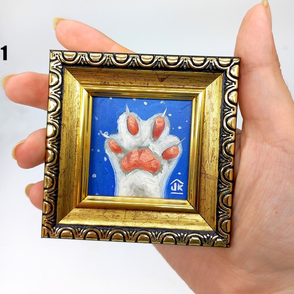 White сat paw tiny painting Framed hand-painted small art with fluffy paws by Julia Kot