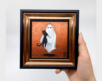 Ghost with black cat painting Framed Halloween handmade original wall art by Julia Kot