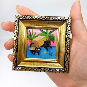 Black cats tiny painting Funny cute kittens in the box framed original art Tiny wall decor 2 by 2 by Julia Kot