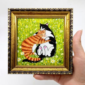 Miniature cat couple painting Hugging cats in field Original artwork in frame Cute cat art gift by Julia Kot
