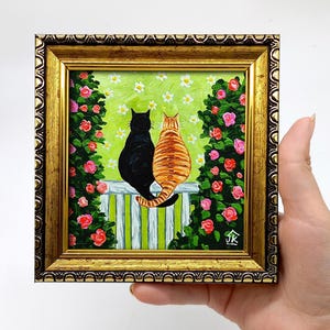 Miniature cat painting Cats on fence in garden Framed small artwork Cat lovers gift idea by Julia Kot