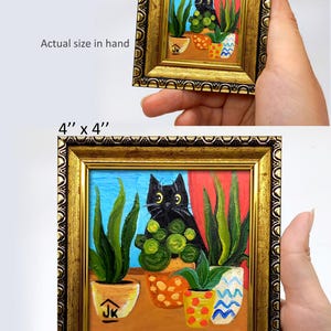 Black Cat Painting, Colorful Plant Decor, Original Whimsical Art, Cat Lover Gift zdjęcie 3