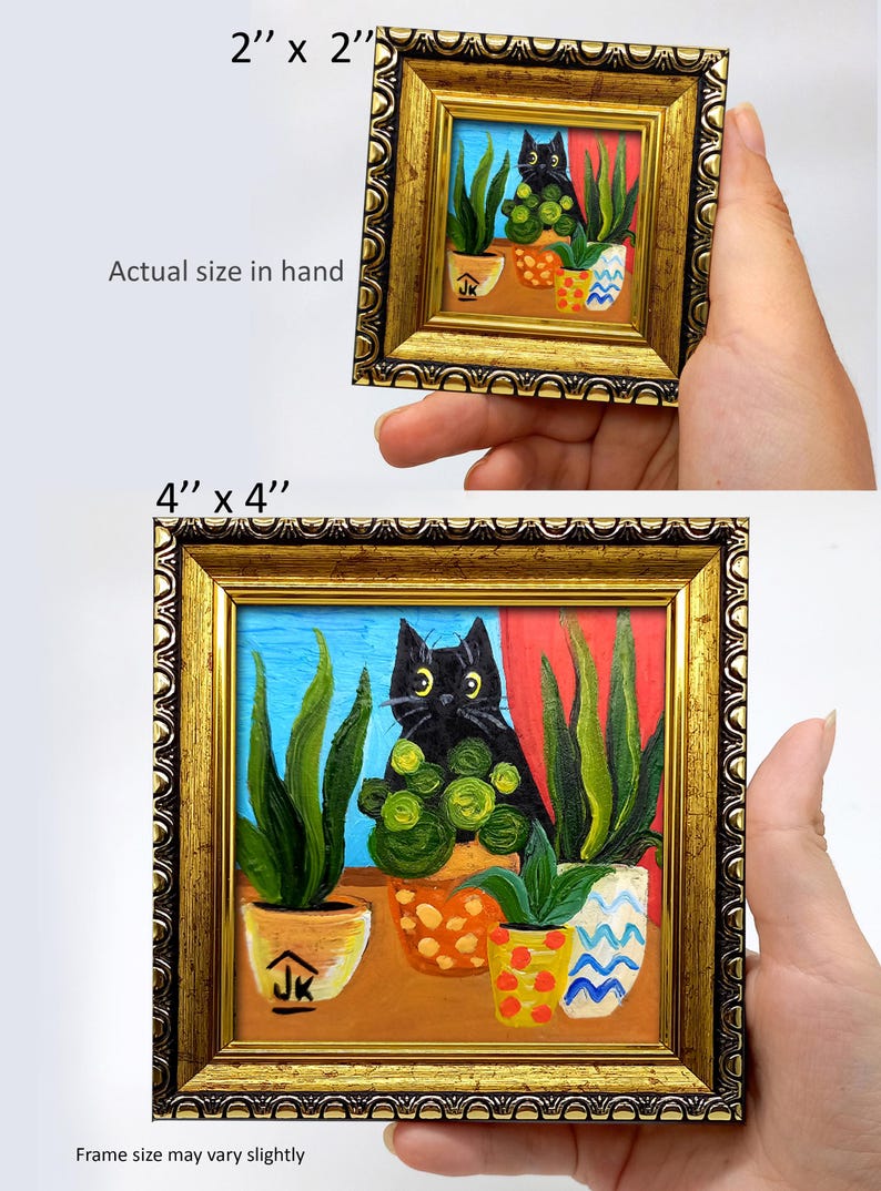 Black Cat Painting, Colorful Plant Decor, Original Whimsical Art, Cat Lover Gift zdjęcie 3