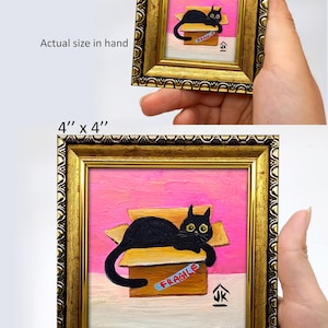 Black Cat Painting, Dopamine Decor, Quirky Kitten in Box, Cat Lover Gift image 3