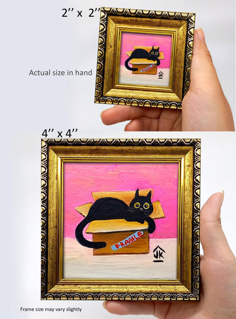 Black Cat Painting, Dopamine Decor, Quirky Kitten in Box, Cat Lover Gift image 3