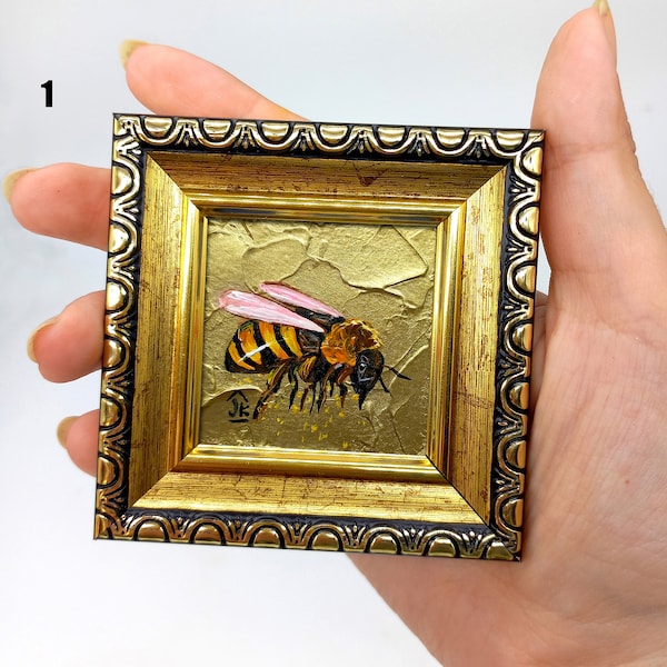 Honeybee painting Bee gold leaf framed painting Honey wall art 2 by 2 miniature by Julia Kot