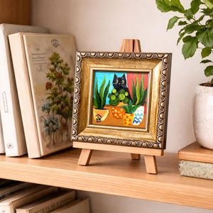 Black Cat Painting, Colorful Plant Decor, Original Whimsical Art, Cat Lover Gift zdjęcie 17