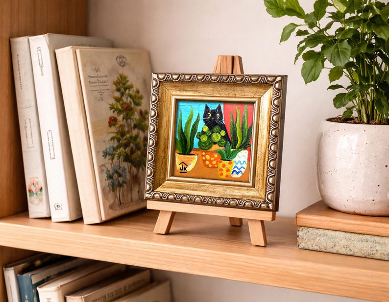 Black Cat Painting, Colorful Plant Decor, Original Whimsical Art, Cat Lover Gift zdjęcie 17