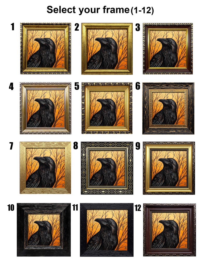 Pode incluir: Uma sele&ccedil;&atilde;o de impress&otilde;es de arte emolduradas de corvos, cada uma apresentando um corvo preto contra um fundo de &aacute;rvores laranja e marrom. As molduras variam em estilo e cor, com op&ccedil;&otilde;es como dourado, prateado e preto. O texto na parte superior diz "Select your frame (1-12)".
