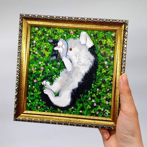 Tuxedo cat painting Framed hand-painted kitten in the grass wall art 6 by 6 by Julia Kot
