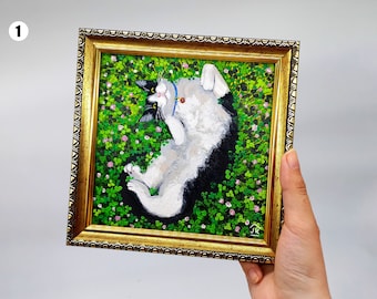 Tuxedo cat painting Framed hand-painted kitten in the grass wall art 6 by 6 by Julia Kot