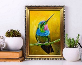 Hummingbird painting bird on a branch tiny hand-painted framed original art by Julia Kot