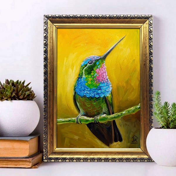 Hummingbird painting bird on a branch tiny hand-painted framed original art by Julia Kot