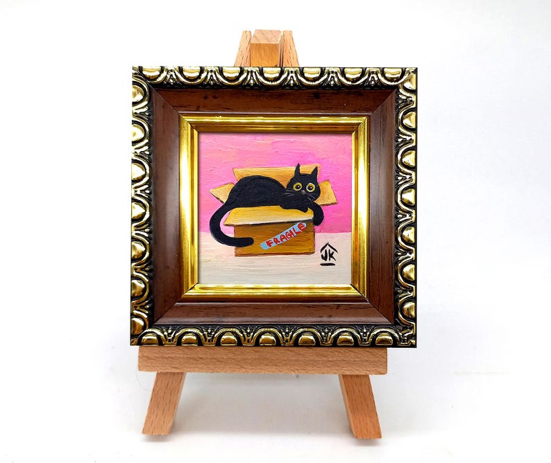 Black Cat Painting, Dopamine Decor, Quirky Kitten in Box, Cat Lover Gift image 15